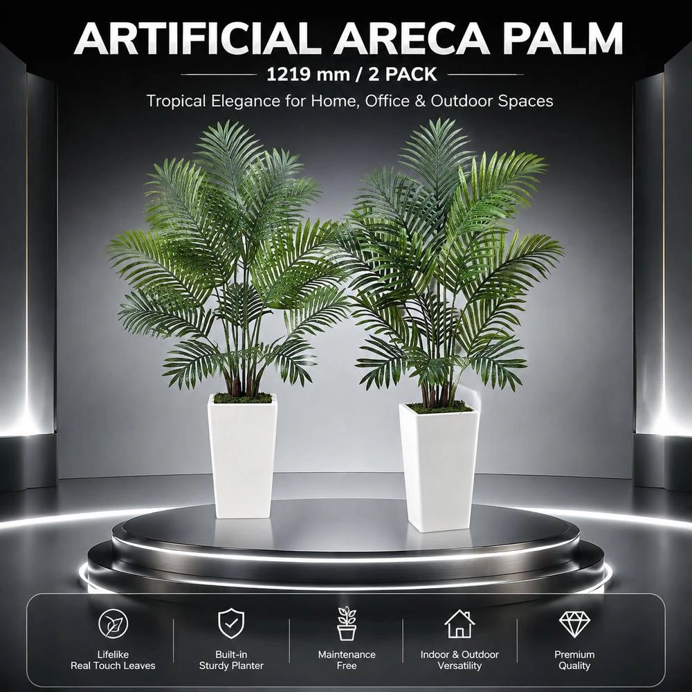 Artificial Areca Palms, 1.2 M, 2-pack, Tropical Plants With White Planter, Artificial Silk Plant In Pot, Artificial Tree For Porches, Living Rooms, Terraces, Home, Office