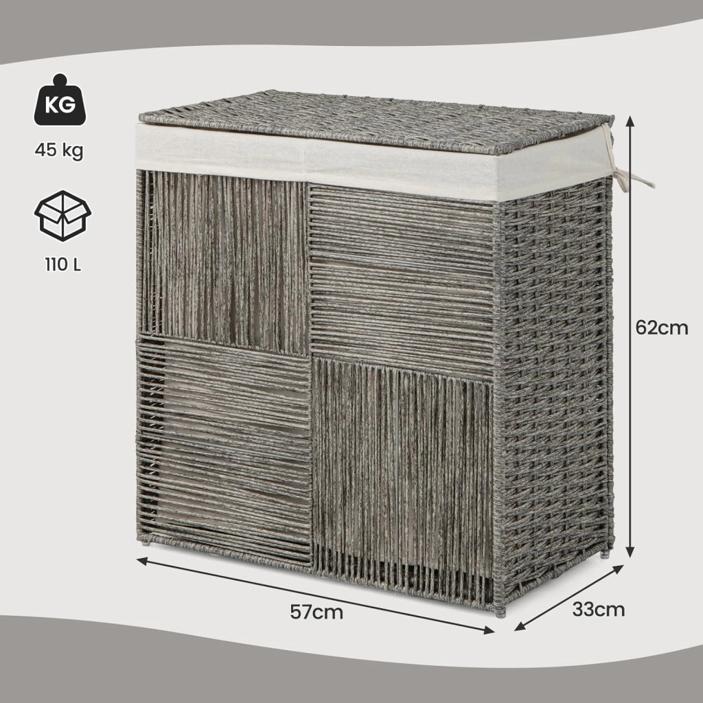 Cesto portabiancheria con coperchio, 110 l, in rattan con tasca interna in 2 parti, design pieghevole e pratici manici, cestino per vestiti in tessuto a mano, per lavanderia e bagno, grigio