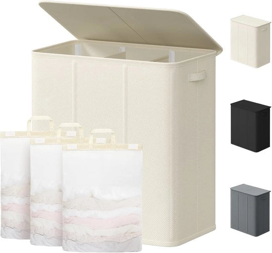 Asciugatrice a 3 Compartimenti – Asciugatrice con Coperchio e Maniglie – Sacchi di Asciugatura Rimovibili – Credenza per Asciugatrice 40 x 30 x 112 cm