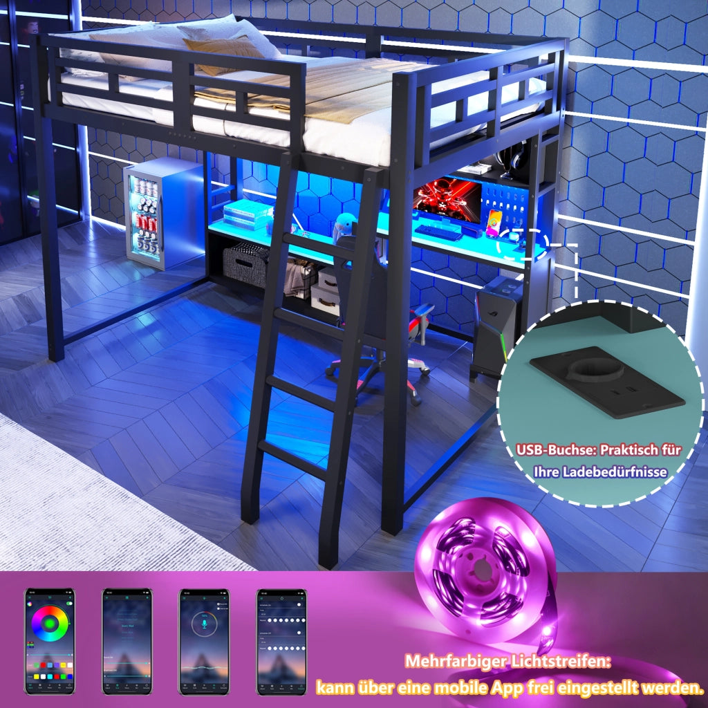 Letto a soppalco 140 × 200 cm con scrivania LED RGB e ripiani in metallo e MDF nero per studio e gioco
