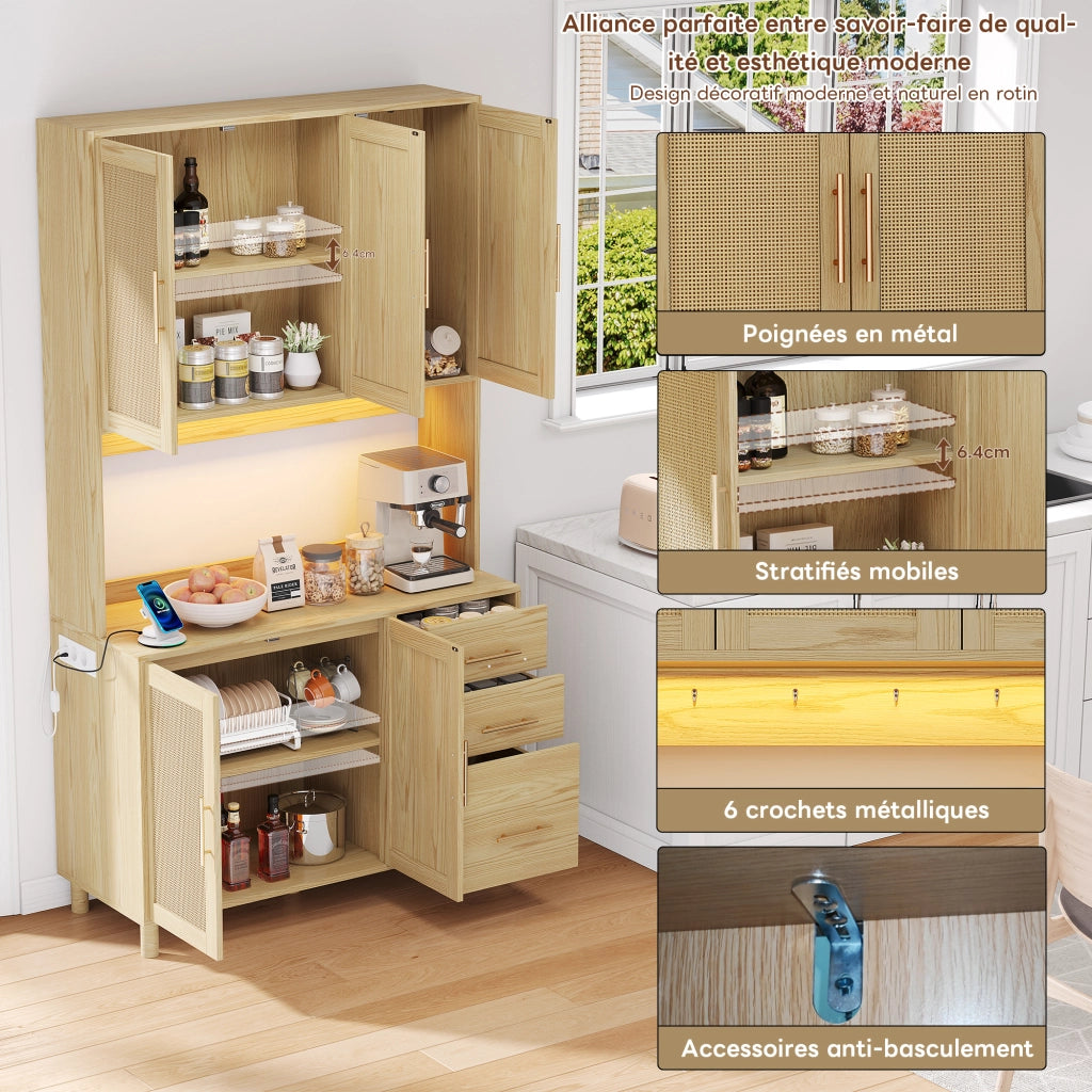 Credenza da Cucina con 3 Cassetti; 3 Ante; 2 Ripiani Regolabili; LED; Prese e USB in MDF Naturale