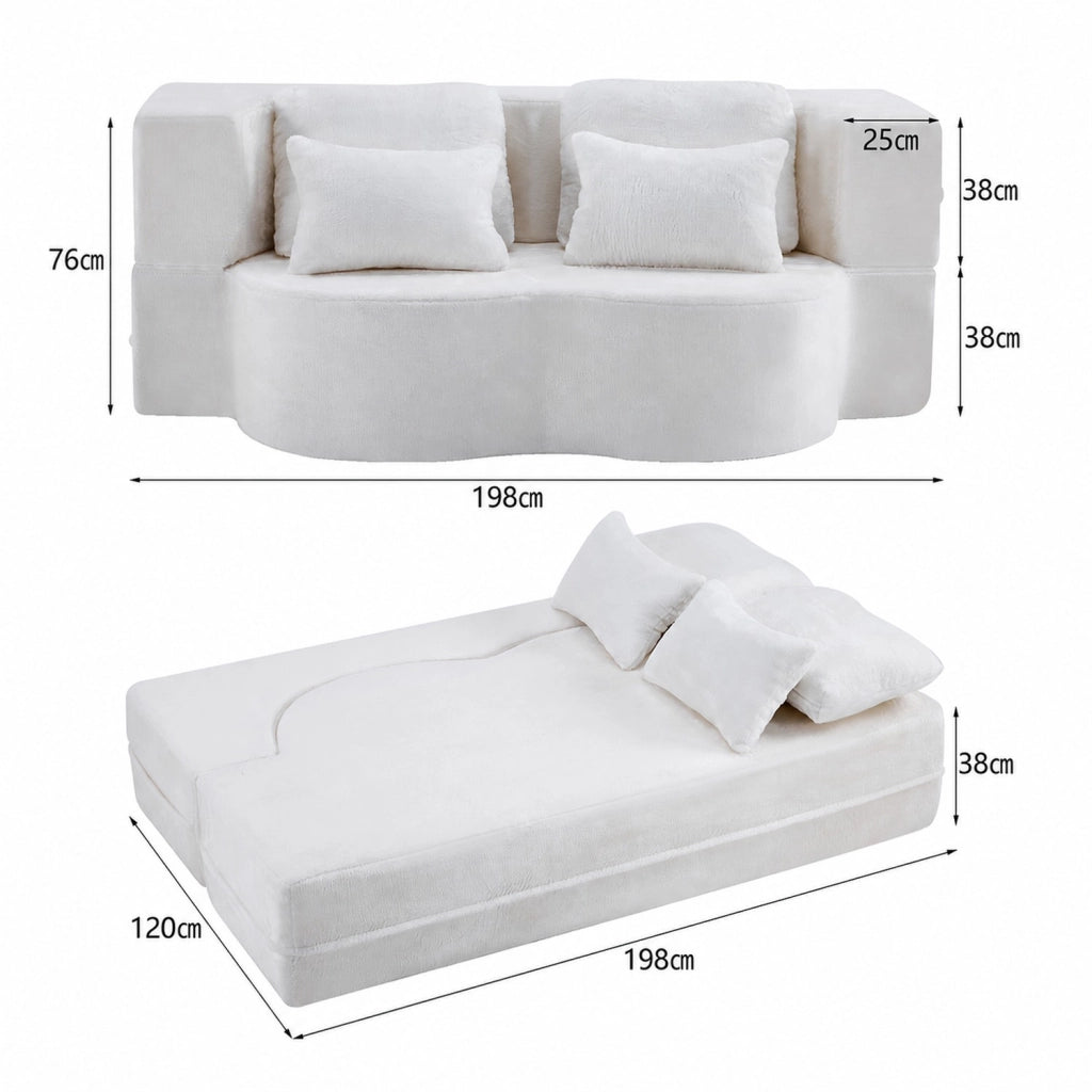Divano modulare convertibile moderno con funzione letto e cuscino, per soggiorno e ospiti, in schiuma e molle bianco