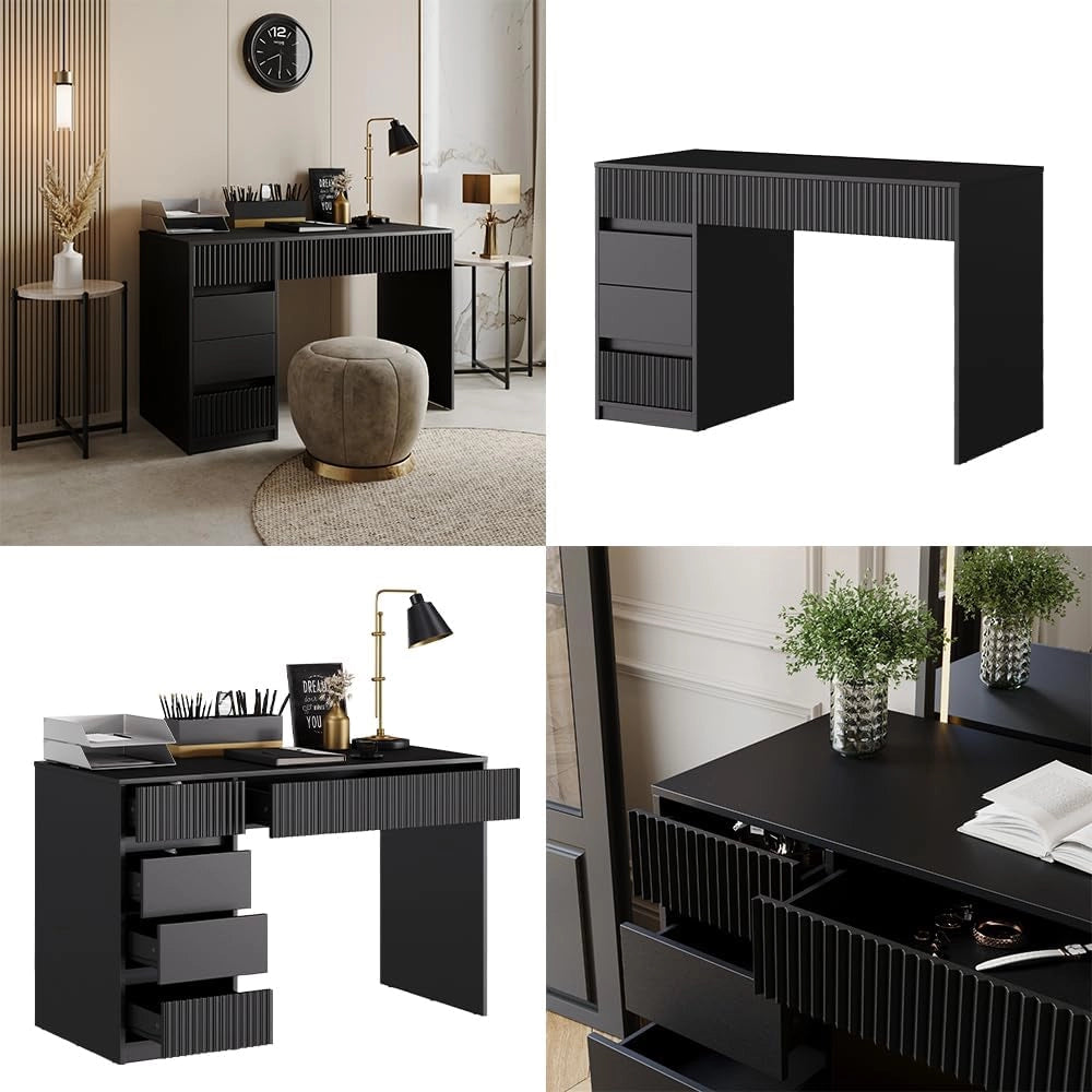 Scrivania Omira, Nero, 120 x 55 cm con 5 cassetti, adatto come postazione di lavoro per home office e studio
