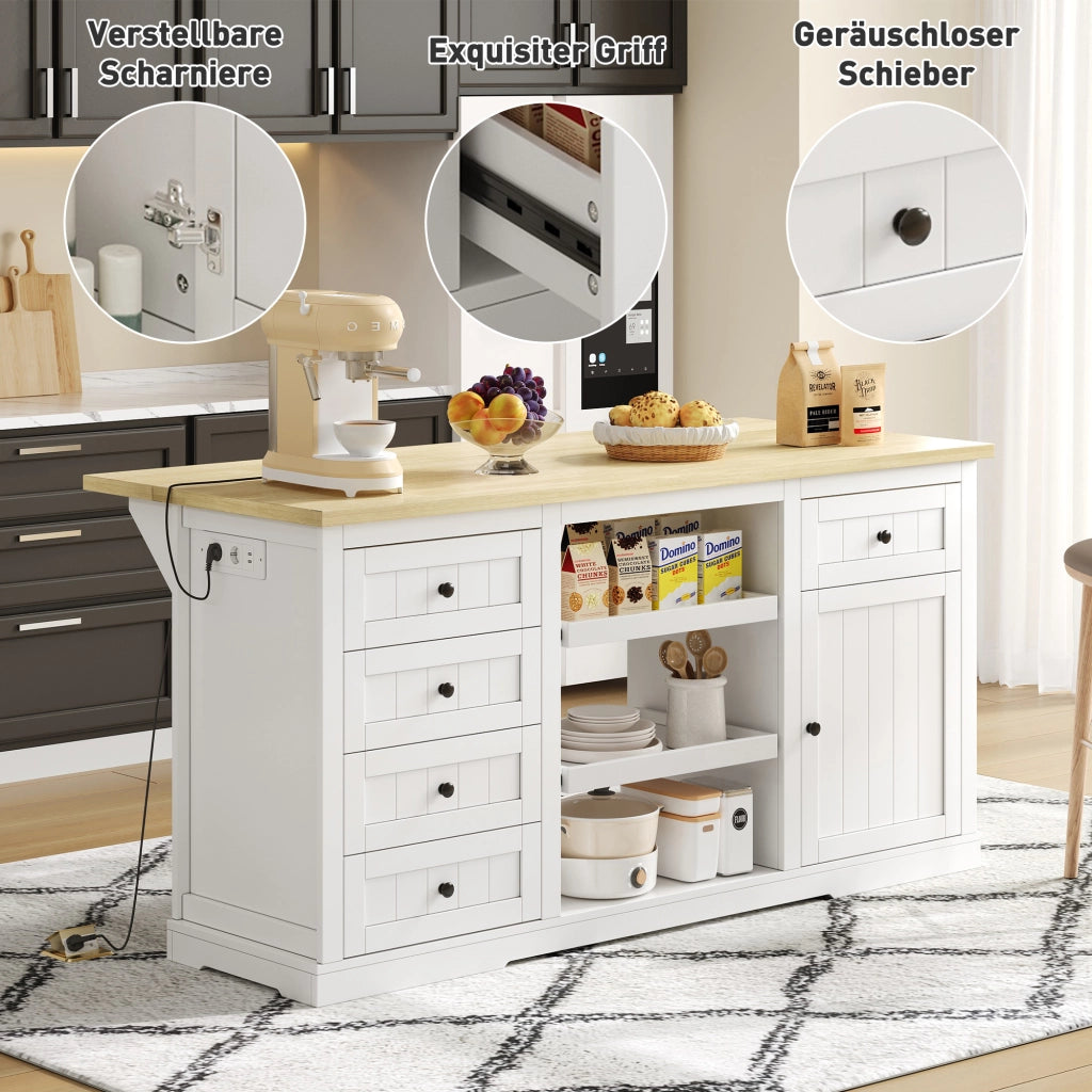 ISOLA DA CUCINA 150x65x75,5 cm Bianca/Naturale in MDF con 5 cassetti