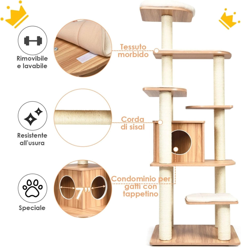 Tiragraffi per Gatti 176cm, Albero per Gatti Adulti XXL con Corda Sisal, Cuccia, Piattaforma e Cuscini, 86,5 x 86,5 x 176cm, Nero e Naturale