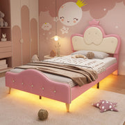 Letto singolo 90x200 cm con LED; testiera ondulata e corona; PU bianco e rosa
