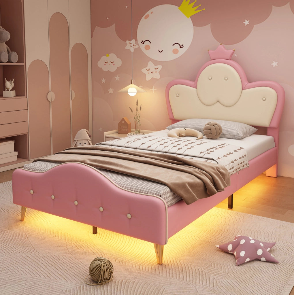 Letto singolo 90x200 cm con LED; testiera ondulata e corona; PU bianco e rosa