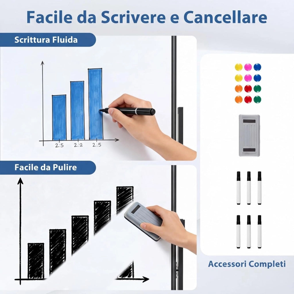 Lavagna Bianca Mobile, Lavagna Magnetica Cancellabile Doppia Faccia con Cavalletto, 2 Altezze Regolabili e Ruote Bloccabili (186 x 54 x 195/215 cm,Nero)