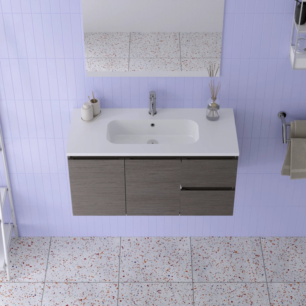 Mobile da bagno sospeso 100cm rovere scuro con lavabo e specchio | Rata