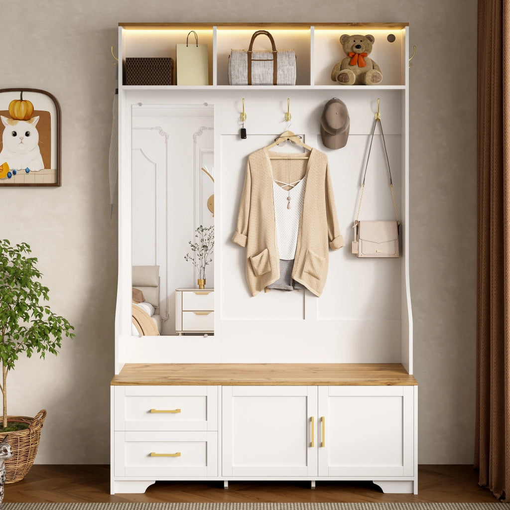 Mobile Ingresso con Specchio; LED; Ganci; Ante e Cassetti; Stile Moderno; in MDF; 120??40??187 cm; Bianco e Legno