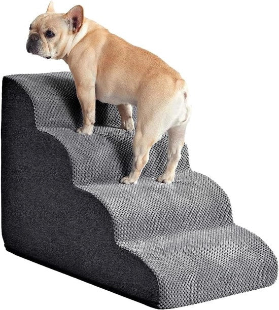 Scala per Piccoli Cani con Copertura Removibile Lavabile - Gradini con Suolo Antiscivolo per Divano, Letto e Auto (4 Gradini, Grigio Scuro)