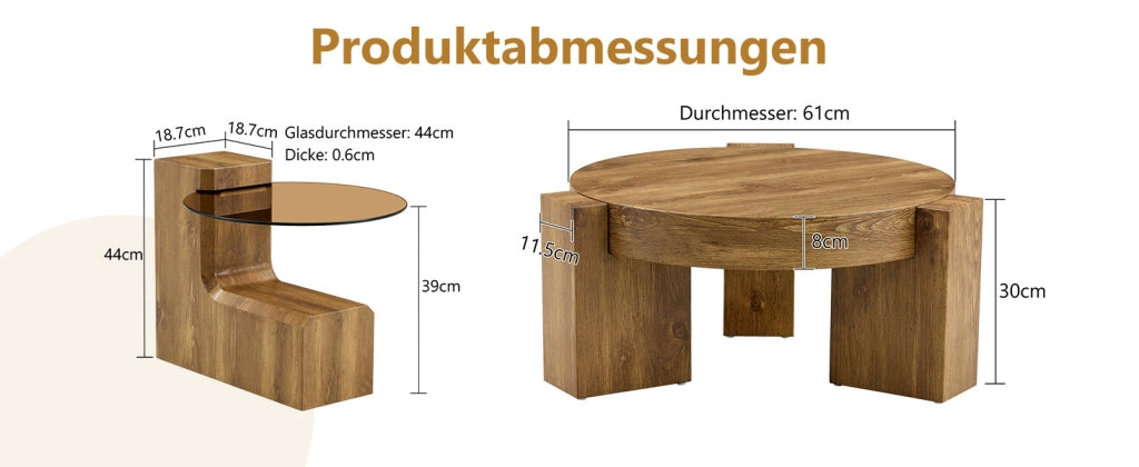 [Set di tavolini da caff¨¨ componibili] MDF effetto legno + vetro di sicurezza marrone da 0,6 cm ¨C combinati come tavolino da caff¨¨ / separati come due