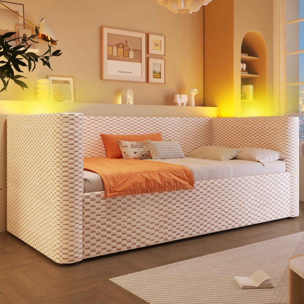 Divano letto con vano contenitore, LED e struttura in velluto