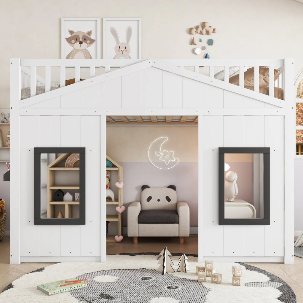 Letto a castello per bambini 90x200 cm con scala e finestre
