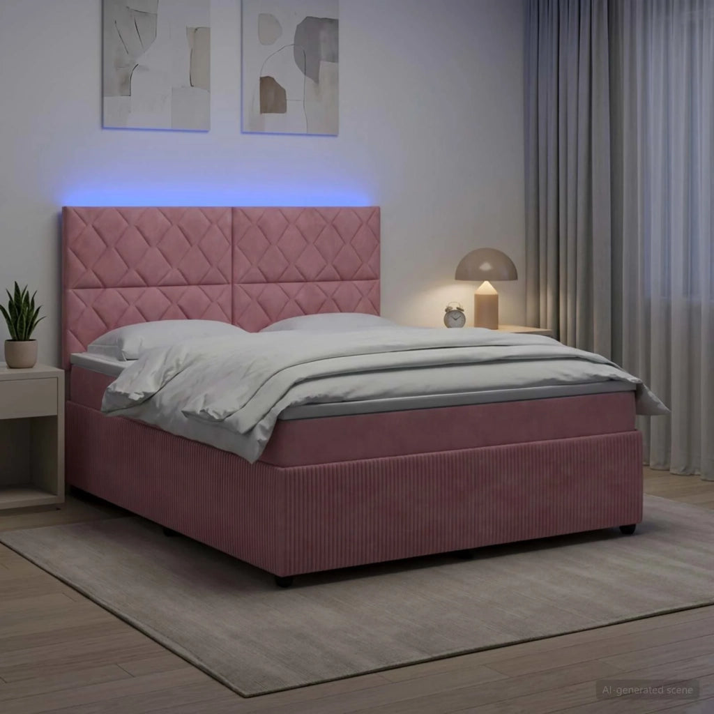 Letto Box Spring LED con Materasso Rosa 140 x 190 cm Velluto 3456076