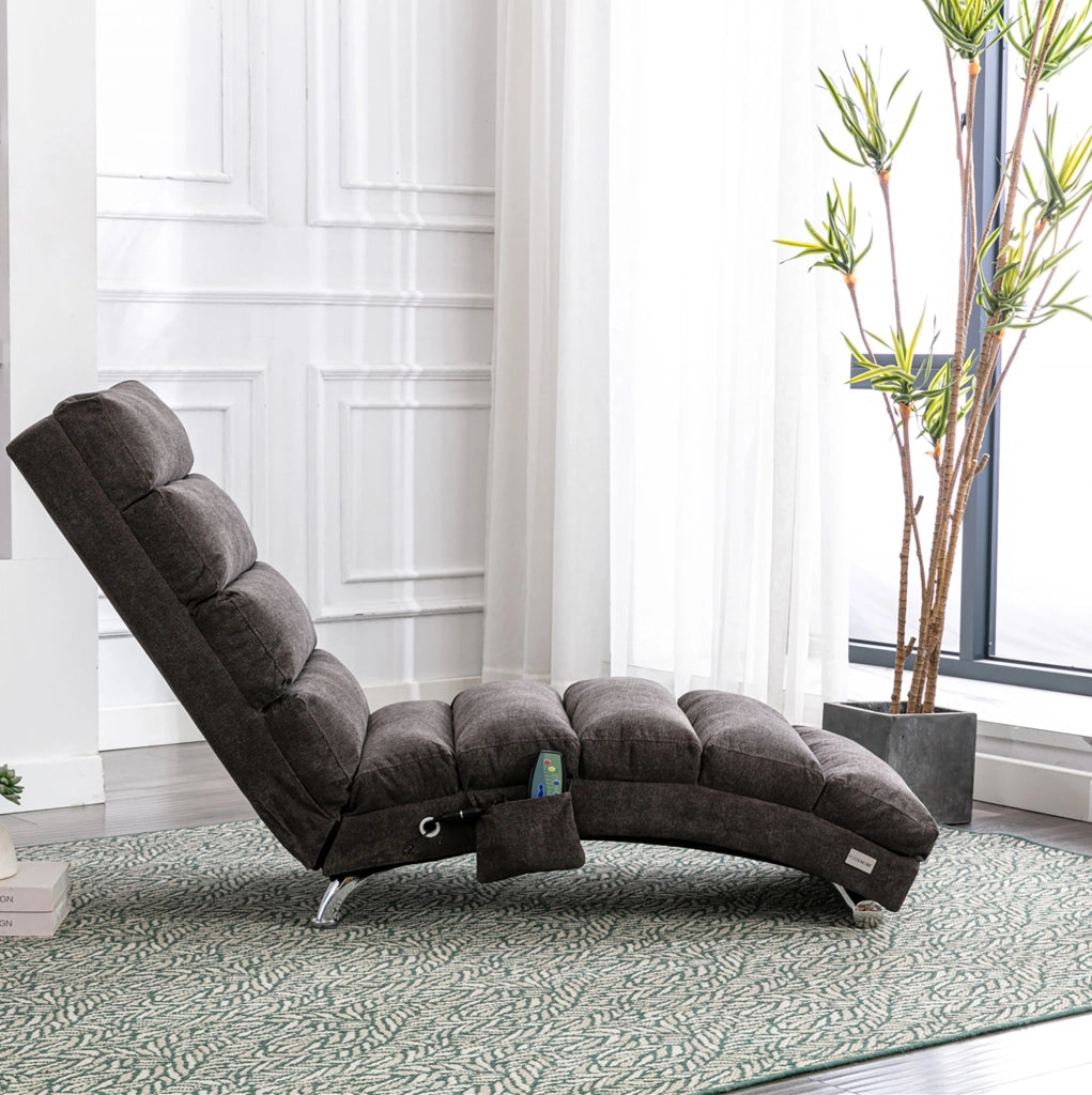 Chaise longue relax con vibrazione; schienale ergonomico 140°; in lino grigio scuro; 55x148x84 cm