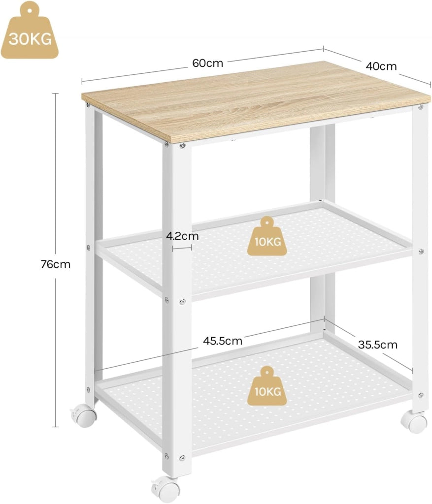 Carrello da Cucina a 3 Ripiani, con 4 Ruote Girevoli, per Cucina, Sala da Pranzo, Soggiorno, Legno e Metallo, 60x40x76cm (Bianco+Rovere Chiaro)