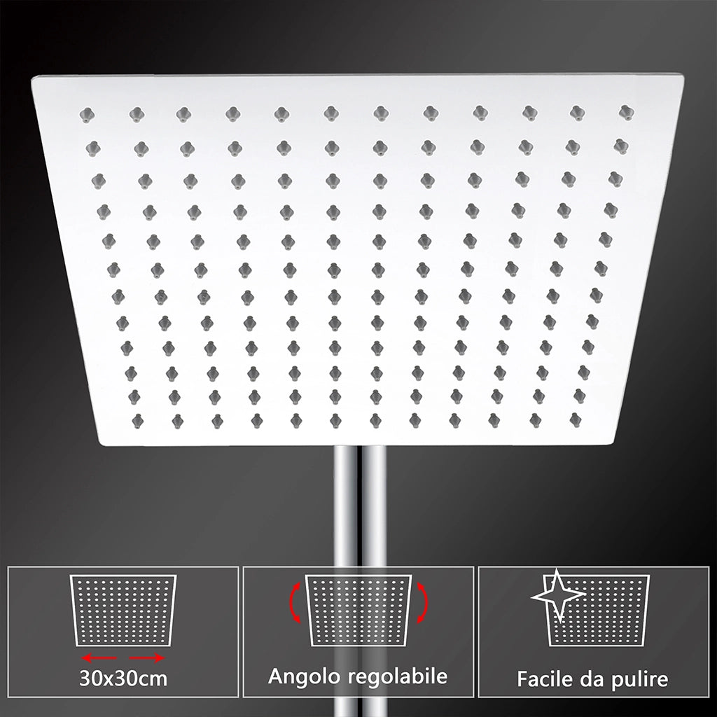 Grande soffione doccia 30x30cm con miscelatore termostatico e doccetta 25x10cm, cromo