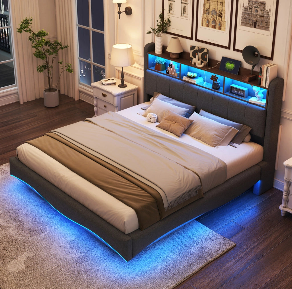 Letto imbottito sospeso 160x200 con LED, USB e porta Type-C, grigio