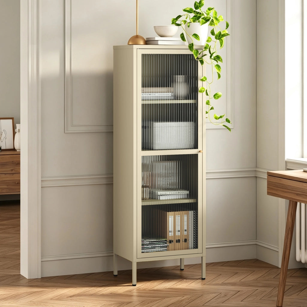 Armadio a Vetrata Säkylä con 4 Scomparti 150 x 50 x 35 cm in Acciaio - Color Cammello [en.casa]