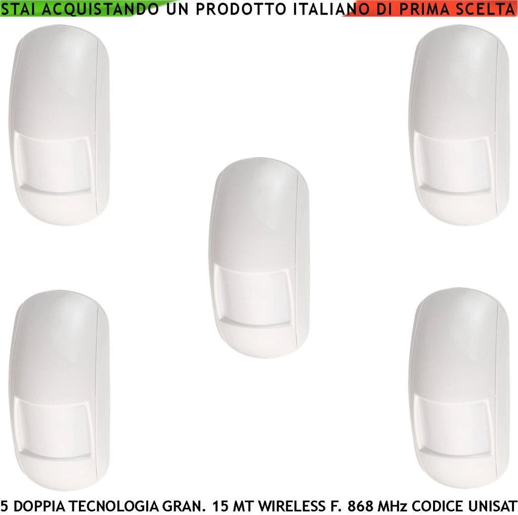 Rileva Intrusi Furto Doppia Tecnologia Radio 5 Pezzi Freq. 868 MHz Bidirezionale Codifica UNISAT Infrarosso Grandangolo Controllo look down Copertura 15 Metri