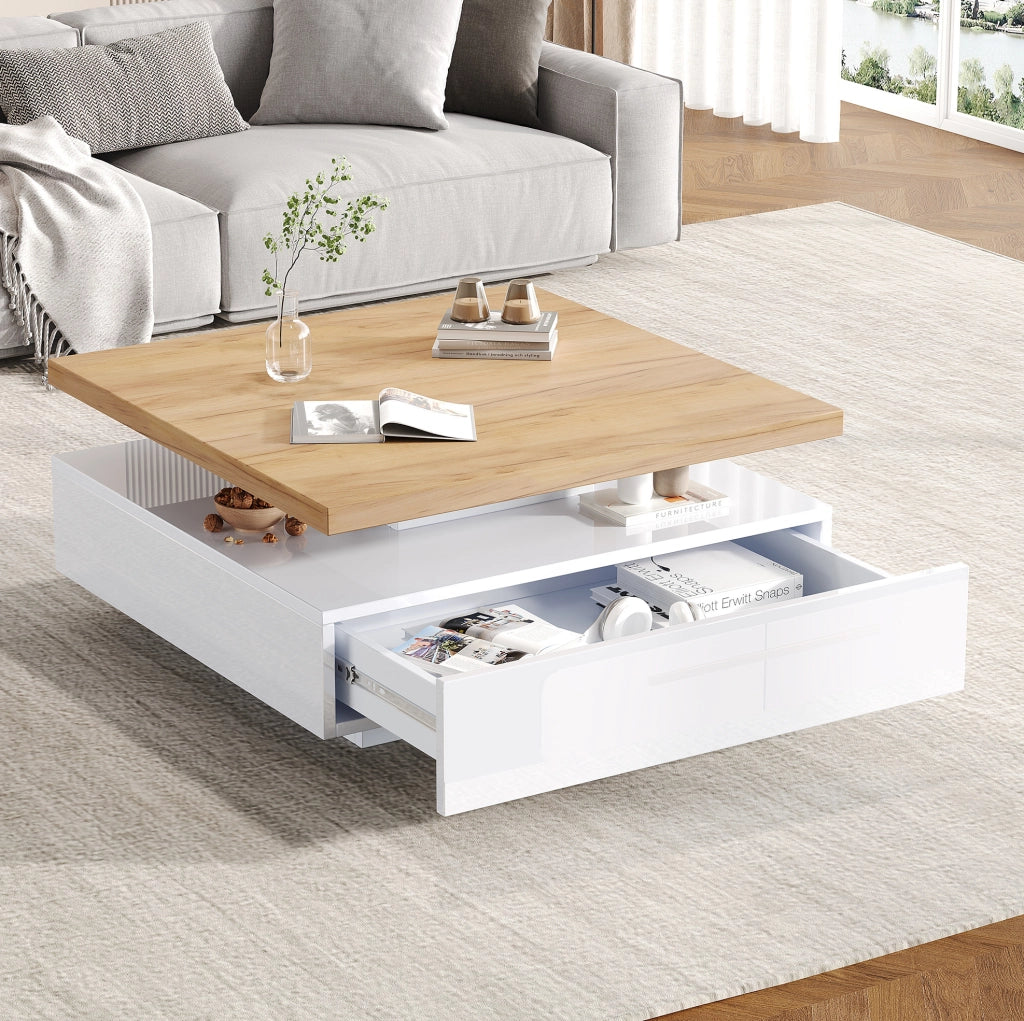 Tavolino da caffè quadrato girevole 360° con cassetto 70x70x36 cm in truciolare; noce e bianco lucido