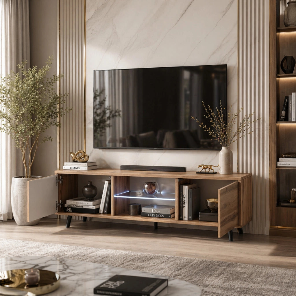 Mobile TV In Melaminico Con 2 Ante Battenti Vano Centrale Con Ripiano In Vetro E LED Piedini In Metallo Per Soggiorno Salotto Zona Living 140 X 31.5 X 40 Cm Rovere
