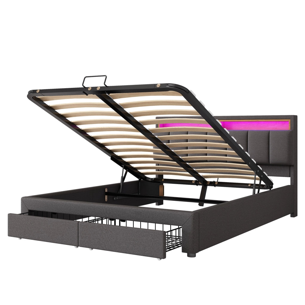 Letto imbottito matrimoniale 180x200 cm con LED; contenitore sotto letto; in lino grigio scuro