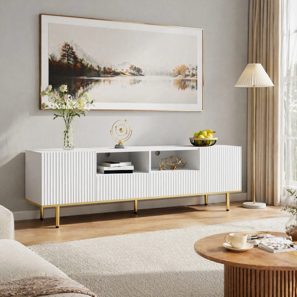 Mobile TV moderno 165 cm con 2 cassetti e 2 vani; dettagli oro; bianco