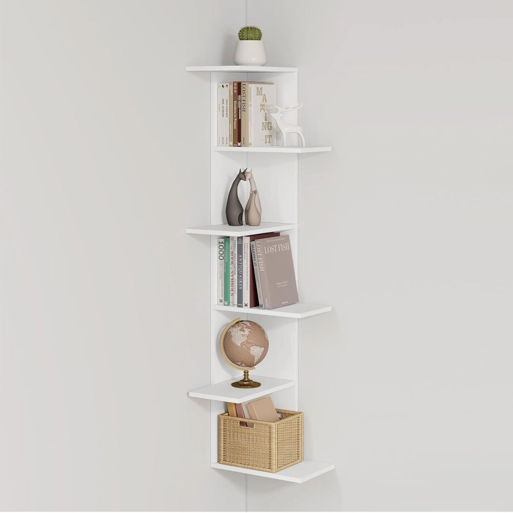 Libreria ad Angolo, Scaffale Bianco a 6 Ripiani Aperti e Sfalsati, Scaffale Portaoggetti per Soggiorno, Camera da Letto, Ingresso, 37x37x140cm