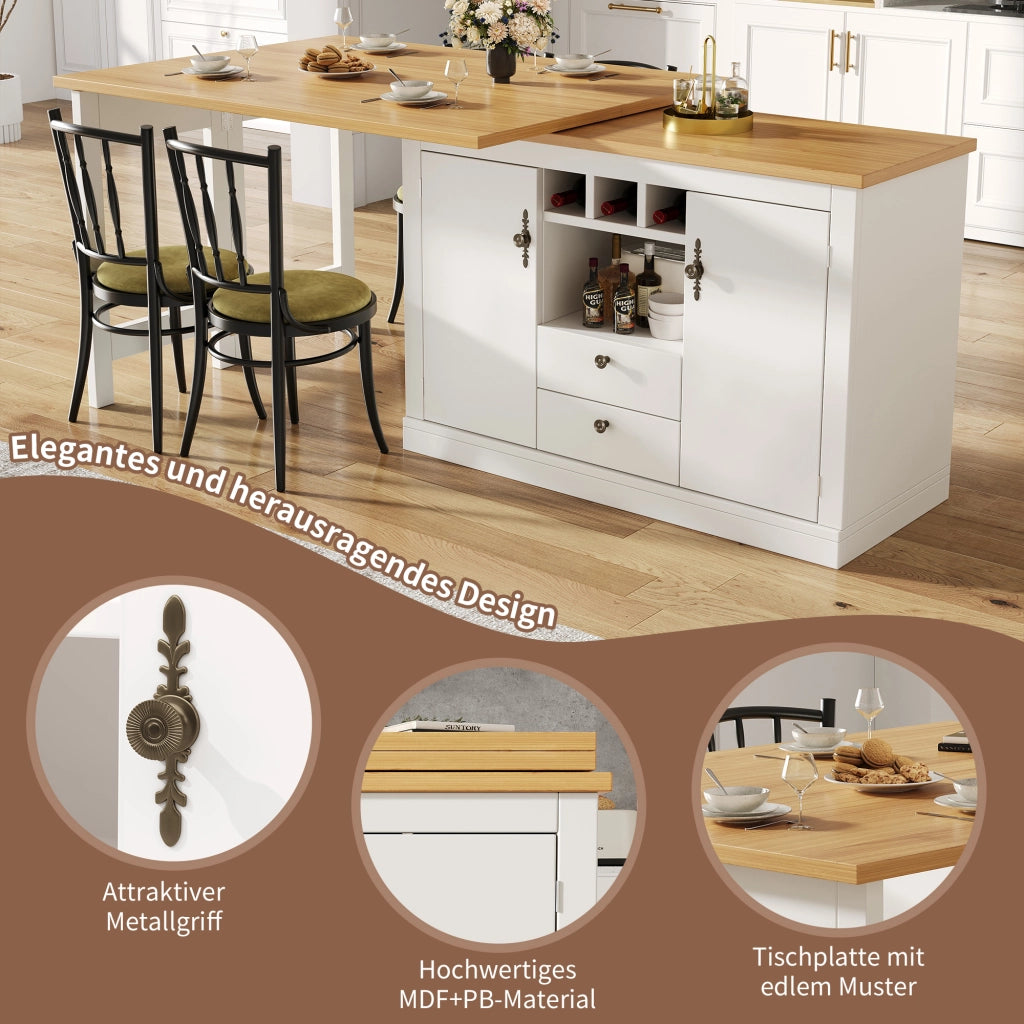 OKWISH Tavolo Consolle Allungabile con Vani Contenitori, Portabottiglie e Ripiani Regolabili, Girevole, in MDF, Naturale e Bianco