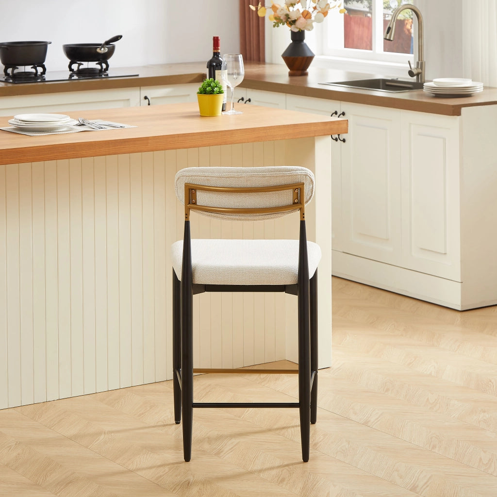 Sgabello da bar con Schienale Ergonomico, Poggiapiedi e Piedini Regolabili, in Tessuto Beige