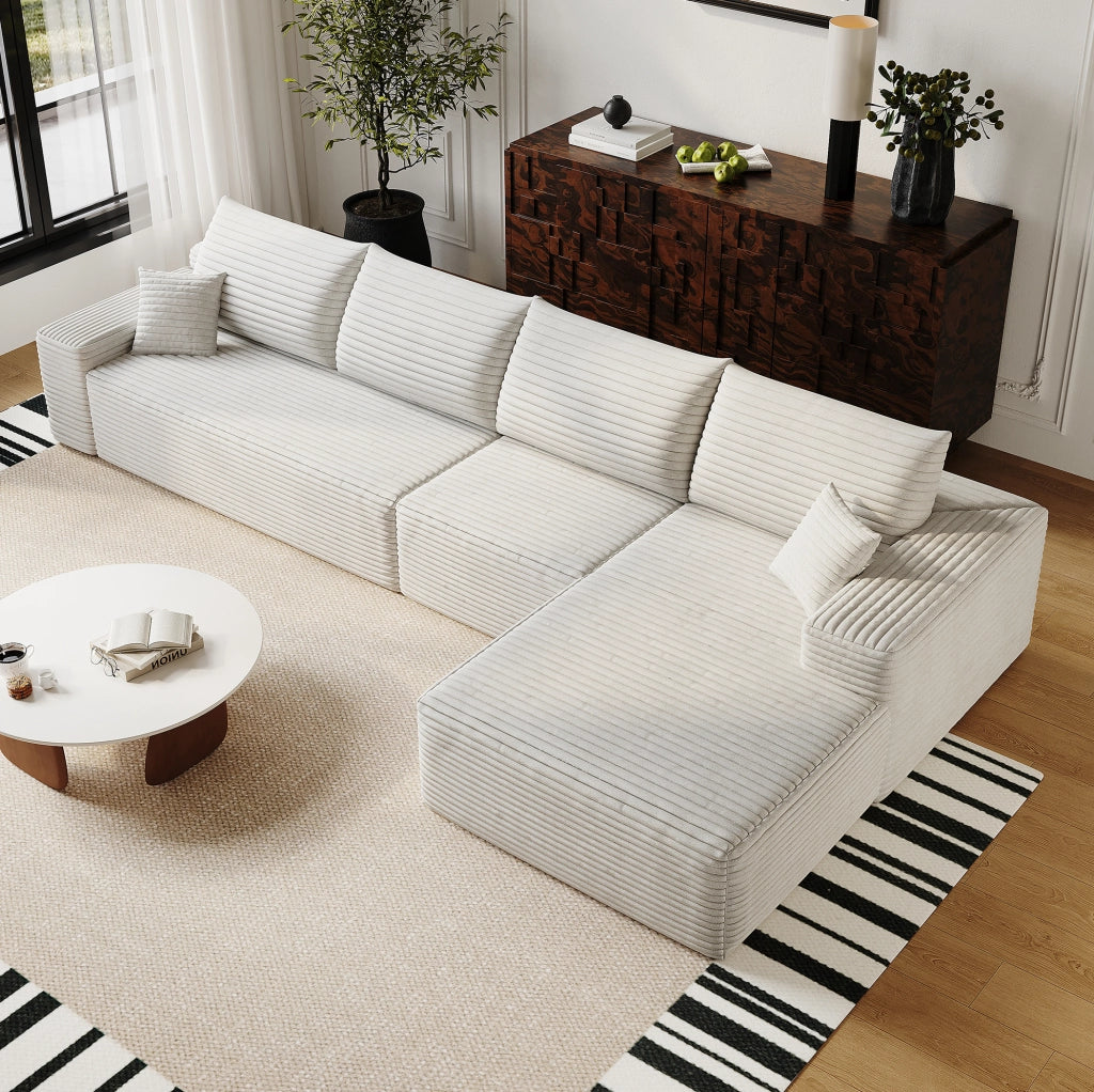 Divano modulare angolare 340x175x83 cm con chaise longue; tessuto a coste bianco