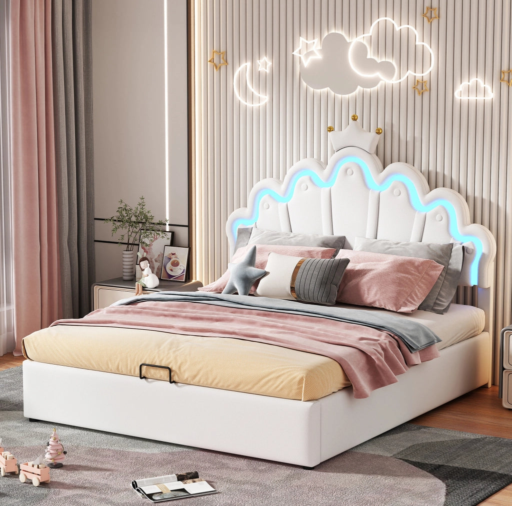 Letto imbottito 140x200 cm con LED e contenitore; PU; bianco