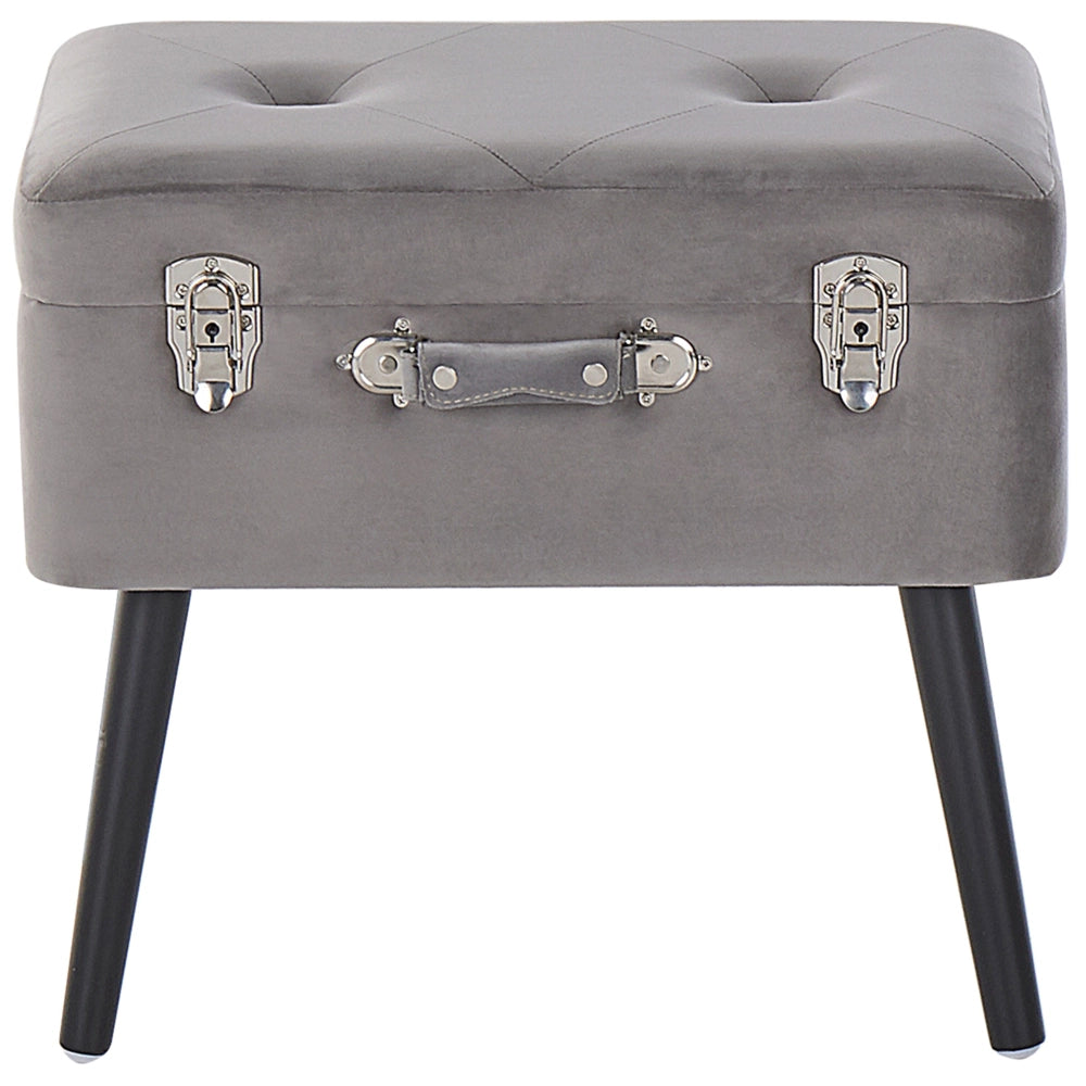 Comodino Sgabello Contenitore gambe nere imbottite in velluto grigio a forma di valigia con bottoni