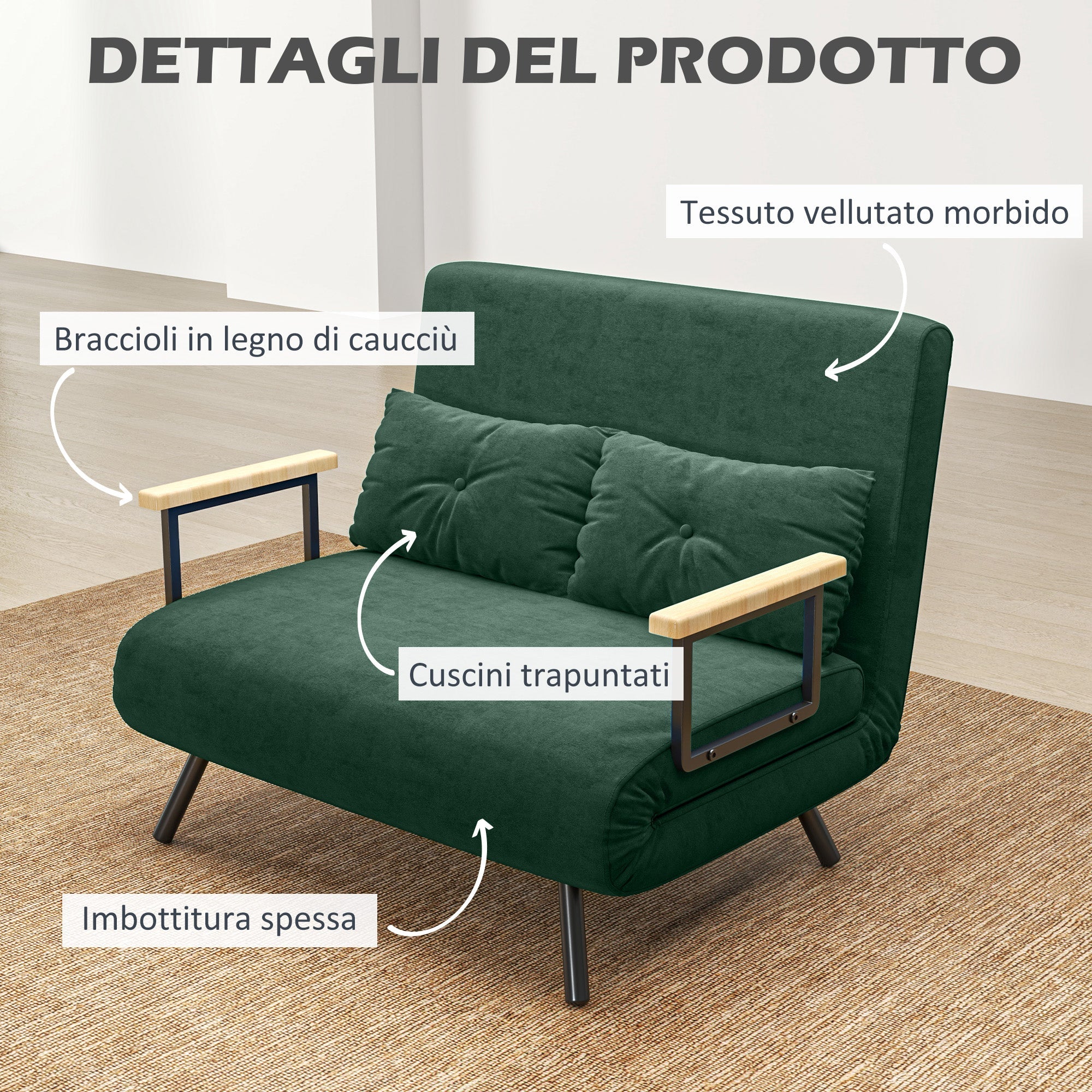 Divano Letto Singolo con Schienale Regolabile 102x73x81 cm in Tessuto Effetto Velluto Verde
