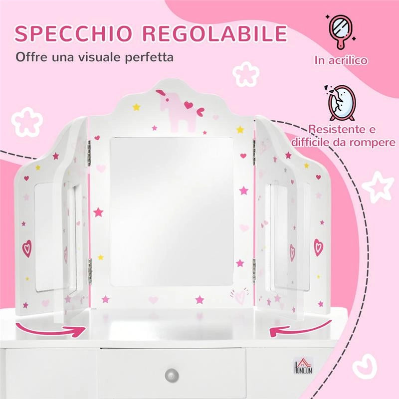 TOELETTA PER BAMBINI CON SGABELLO IN LEGNO, 3 SPECCHI E CASSETTO 63X40X85CM