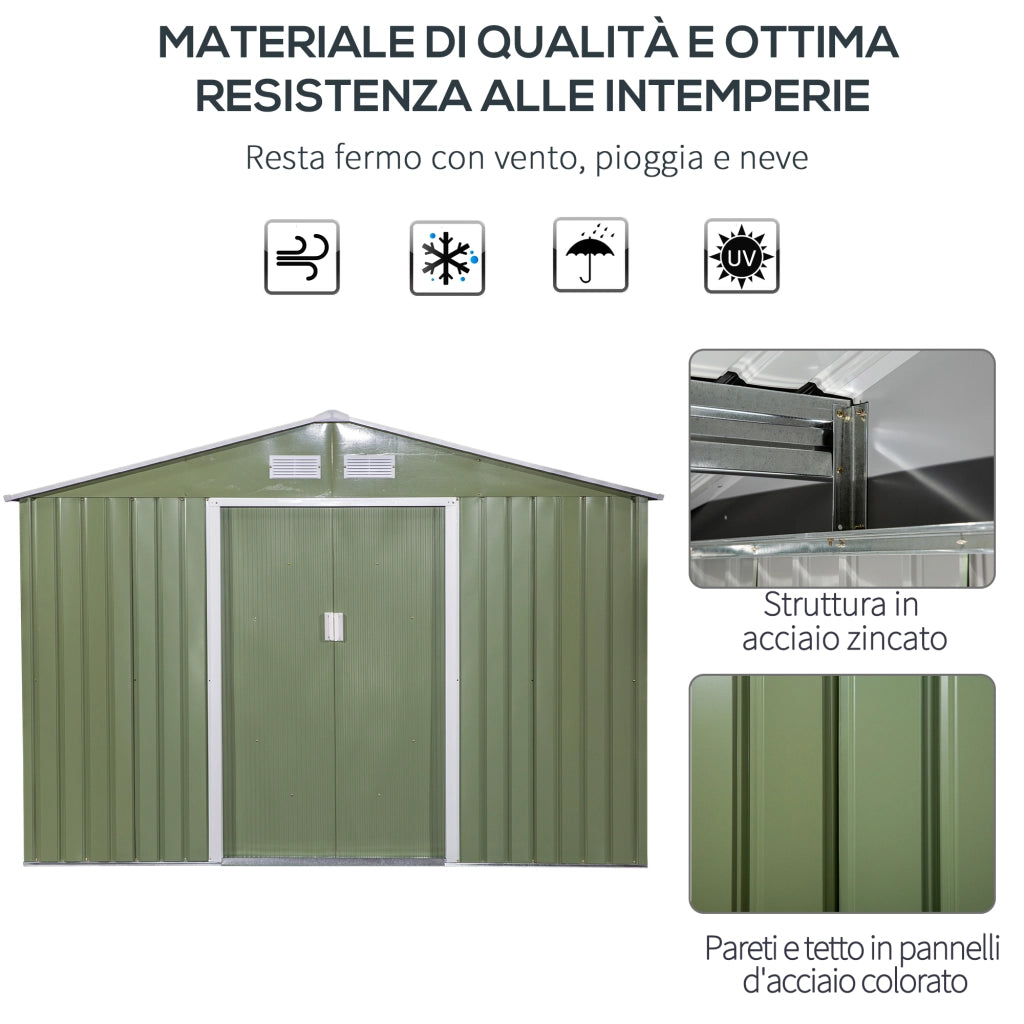 EasyComfort Casetta da Giardino con 2 Porte Scorrevoli e 4 Prese d'Aria in Acciaio, 277x195x192cm, Verde Chiaro