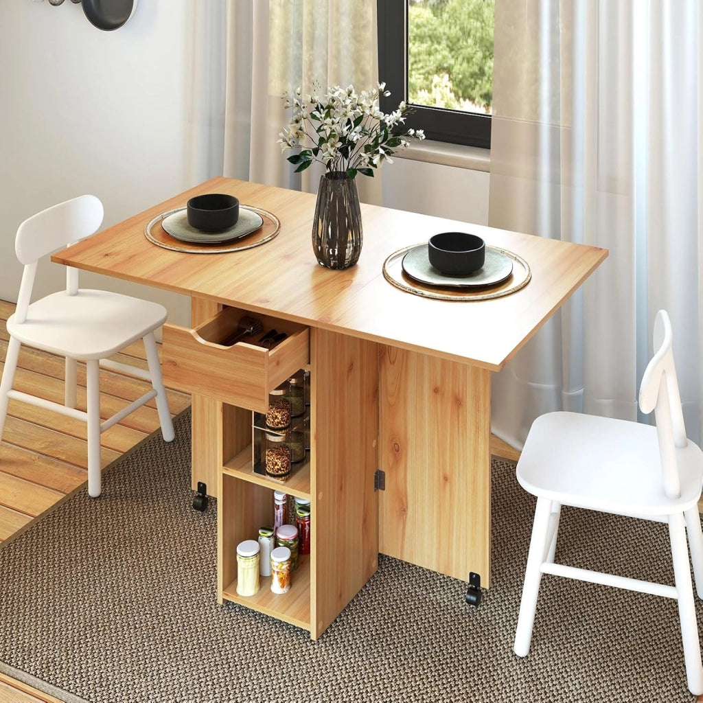 Tavolo Pieghevole da Cucina, Tavolo da Pranzo Piccolo Pieghevole con 2 Ruote, Tavolo da Cucina Mobile con 1 Cassetto e 2 Ripiani, Tavolo da Pranzo in Legno