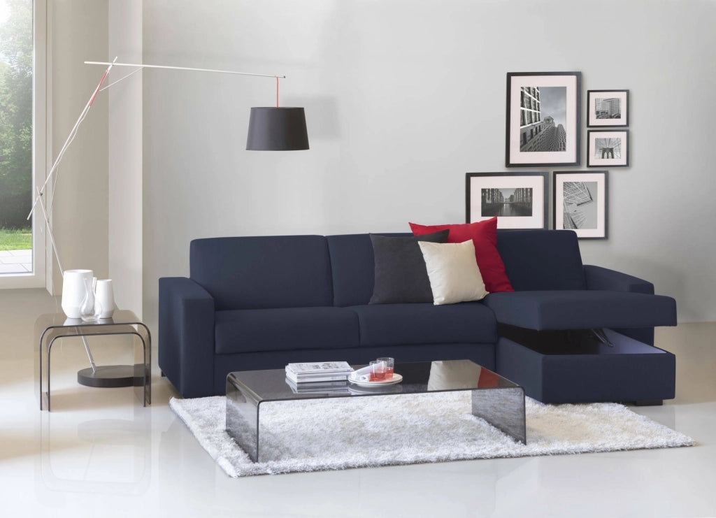 Divano fisso Azechiele, Divano ad angolo, Made in Italy, SofÒ  Soggiorno, con Penisola contenitore reversibile, in tessuto imbottito, con Braccioli slim, cm 260x95h90, Blu