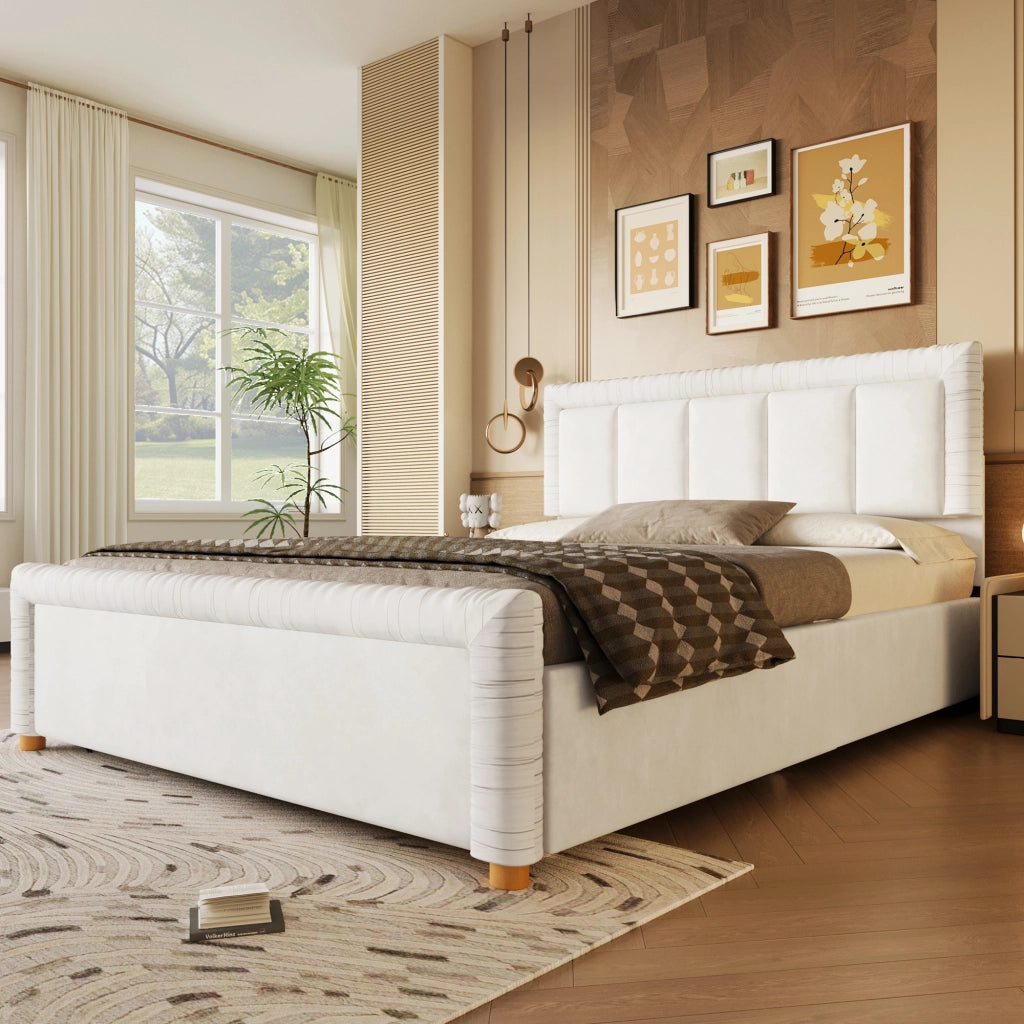 Letto imbottito 140x200 cm in velluto beige con 2 cassetti contenitore