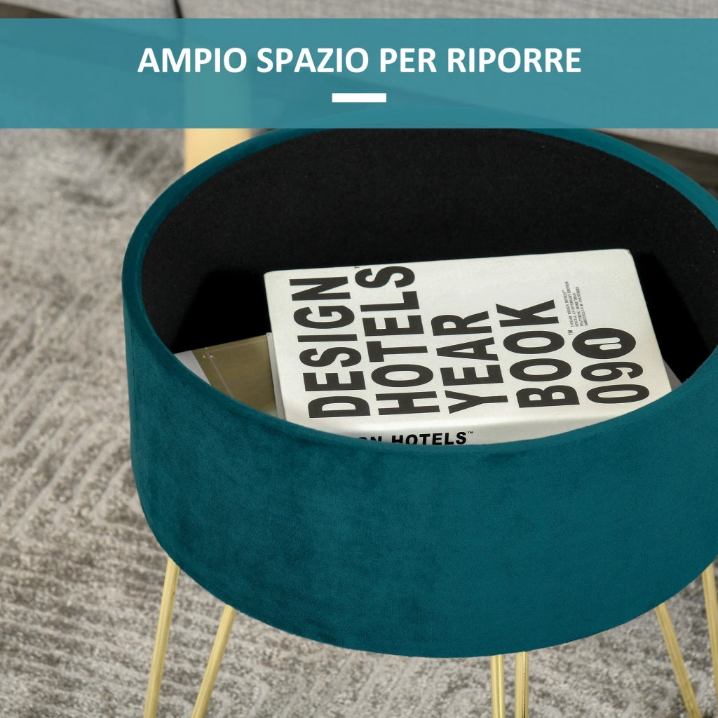 Pouf Contenitore 2 in 1 Uso Sgabello o Tavolino in Legno e Velluto Verde