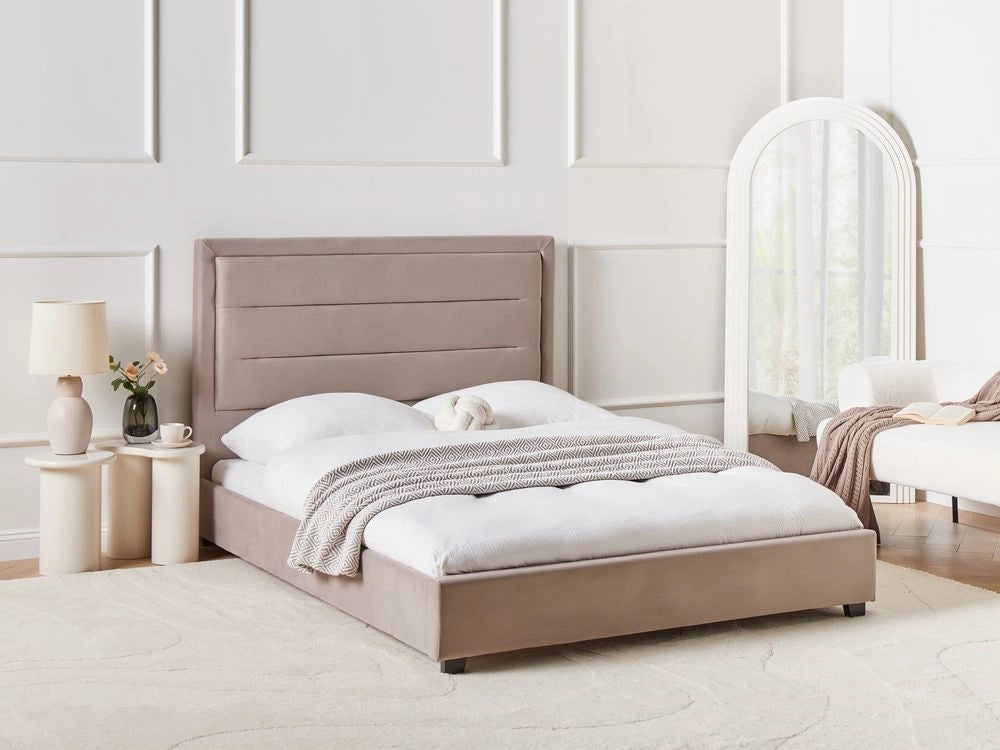 Letto matrimoniale ad acqua in velluto tortora 140 x 200 cm testata imbottita stile moderno