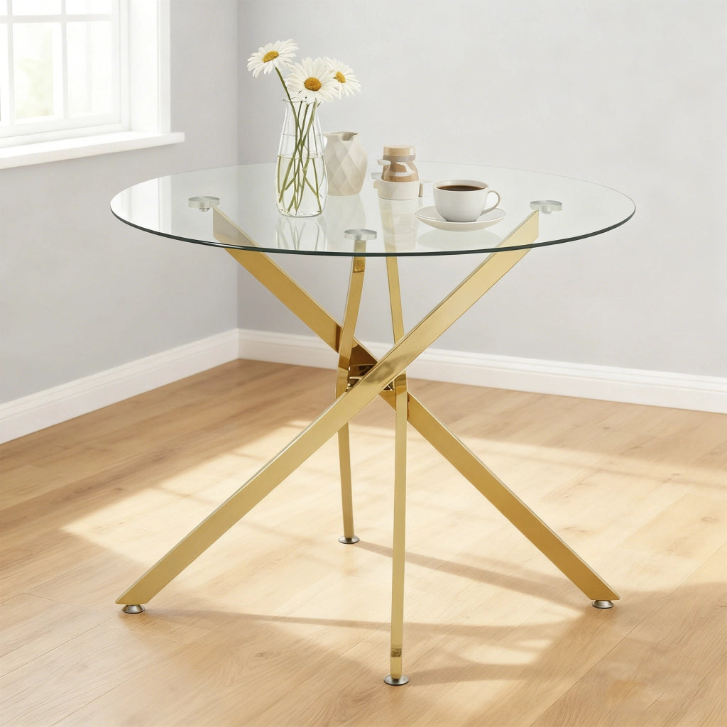 TAVOLO Rotondo in vetro temperato e metallo dorato 80 x 80 x 76 cm