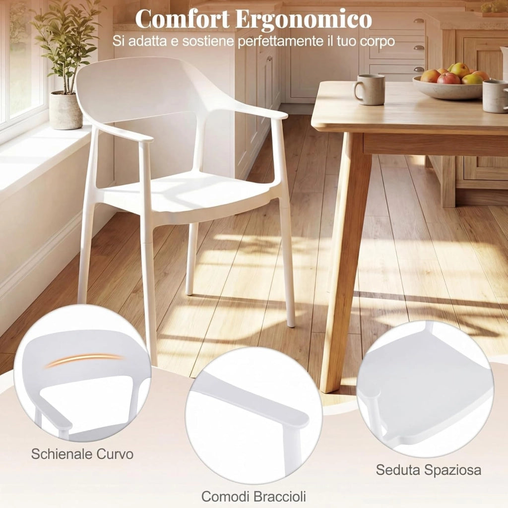 Sedia da Pranzo in Plastica, Sedia da Cucina Ergonomica con Schienale Cavo e Braccioli Comodi, Portata 150 kg, Poltrona da Tavolo Impilabile per Soggiorno, Ufficio e Sala da Pranzo (Bianco,4)