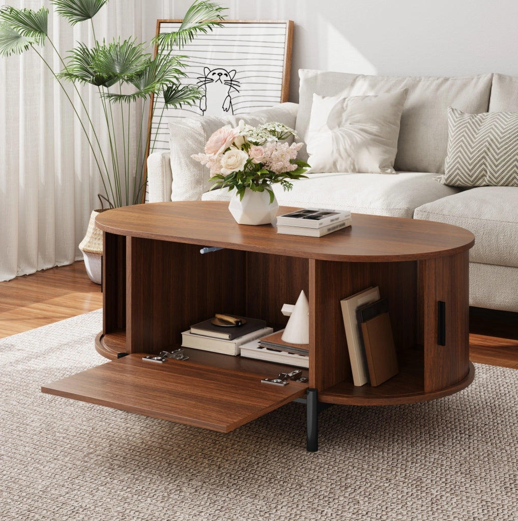 Tavolino da salotto ovale 100 x 50 x 40 cm in MDF color noce con ante in rattan e ripiani