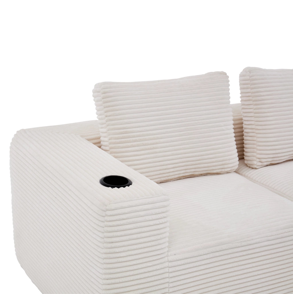 Divano imbottito in poliestere beige con 3 cuscini e portabicchieri HOMVRA
