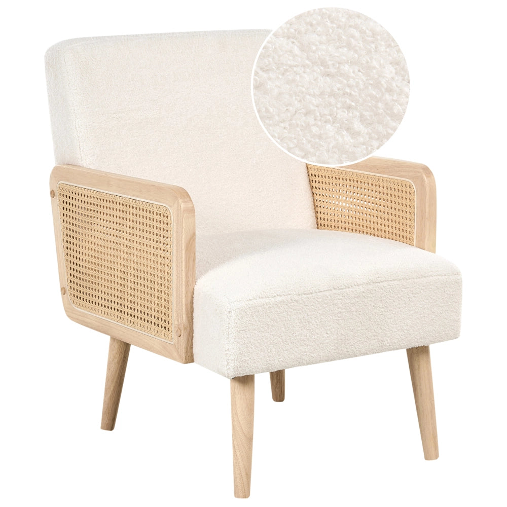 Poltrona bouclé bianco sporco design retrò struttura in legno soggiorno