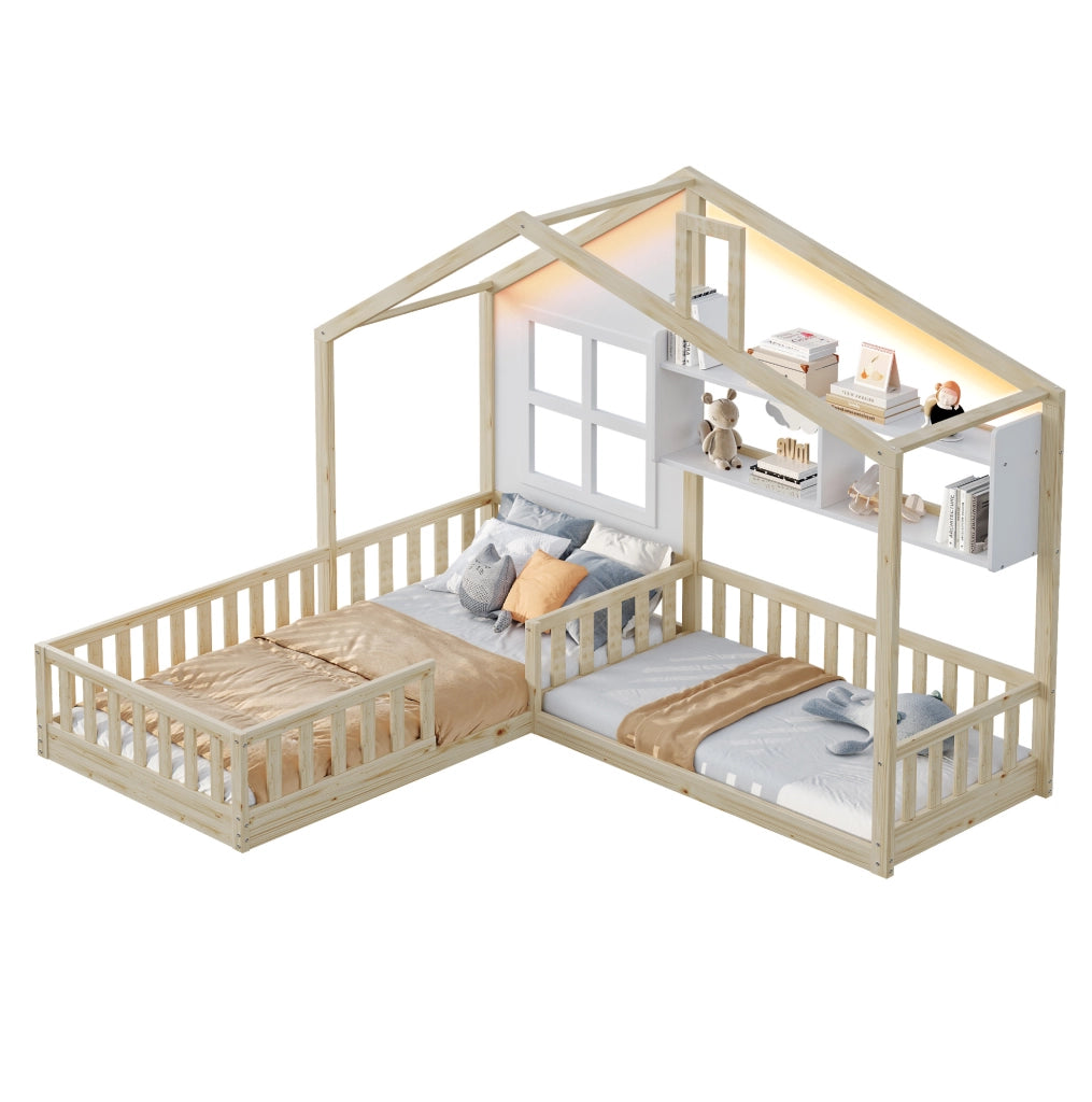 Letto per bambini a casetta 90x200 cm con LED, mensole e sponde di sicurezza