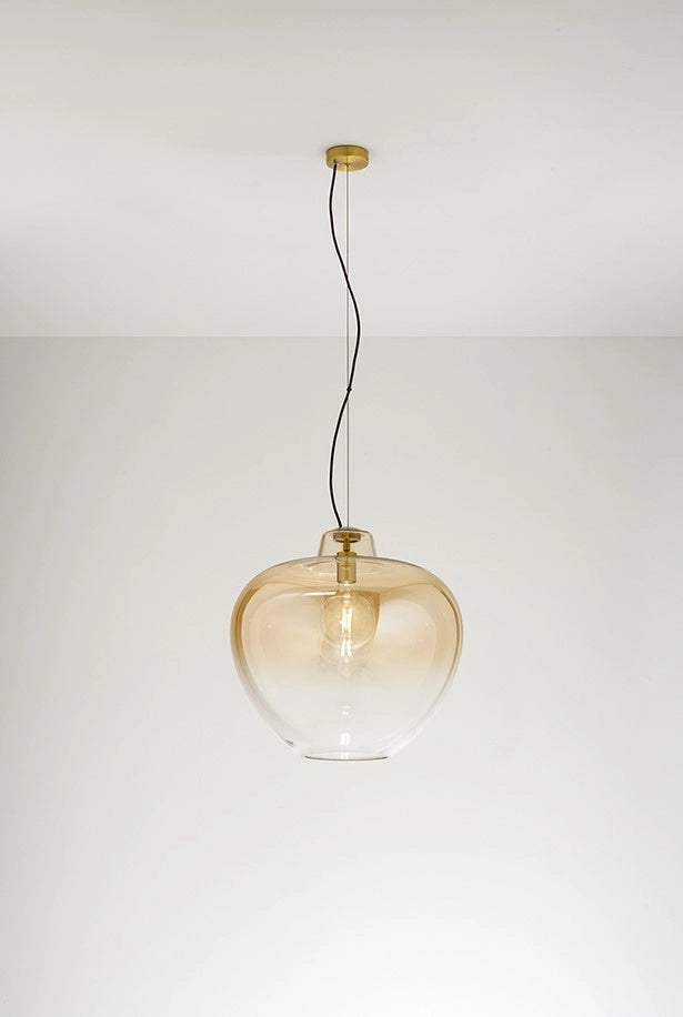 Sospensione in vetro soffiato 10S46667 AM, design moderno con finitura ambra specchiato sfumato e struttura in metallo ottone brunito, E27 - Perenz